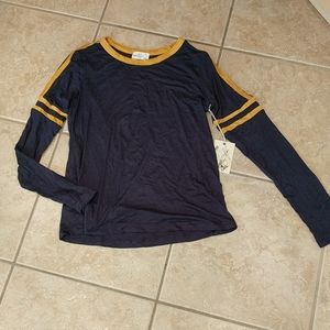 Navy and mustard rayon/spandex blend striped shirt